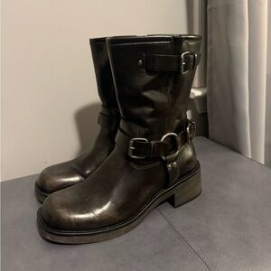 Stylish Dark Leather Boots with Buckle